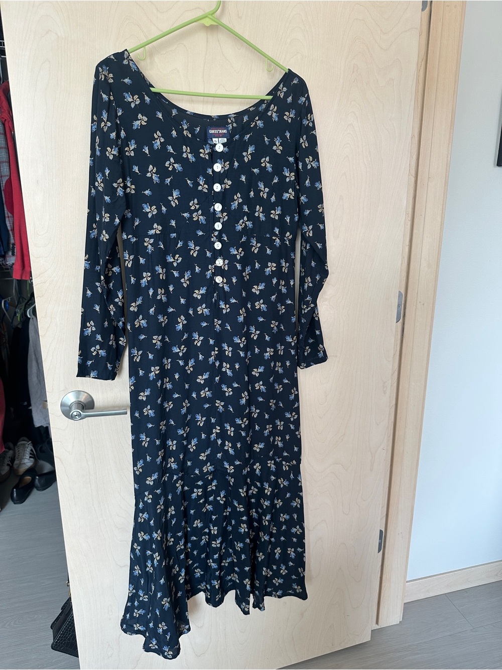 Vintage Guess Dress Navy Flair Bottom Floral Size 5 90’s Y2K 3/4 Sleeve